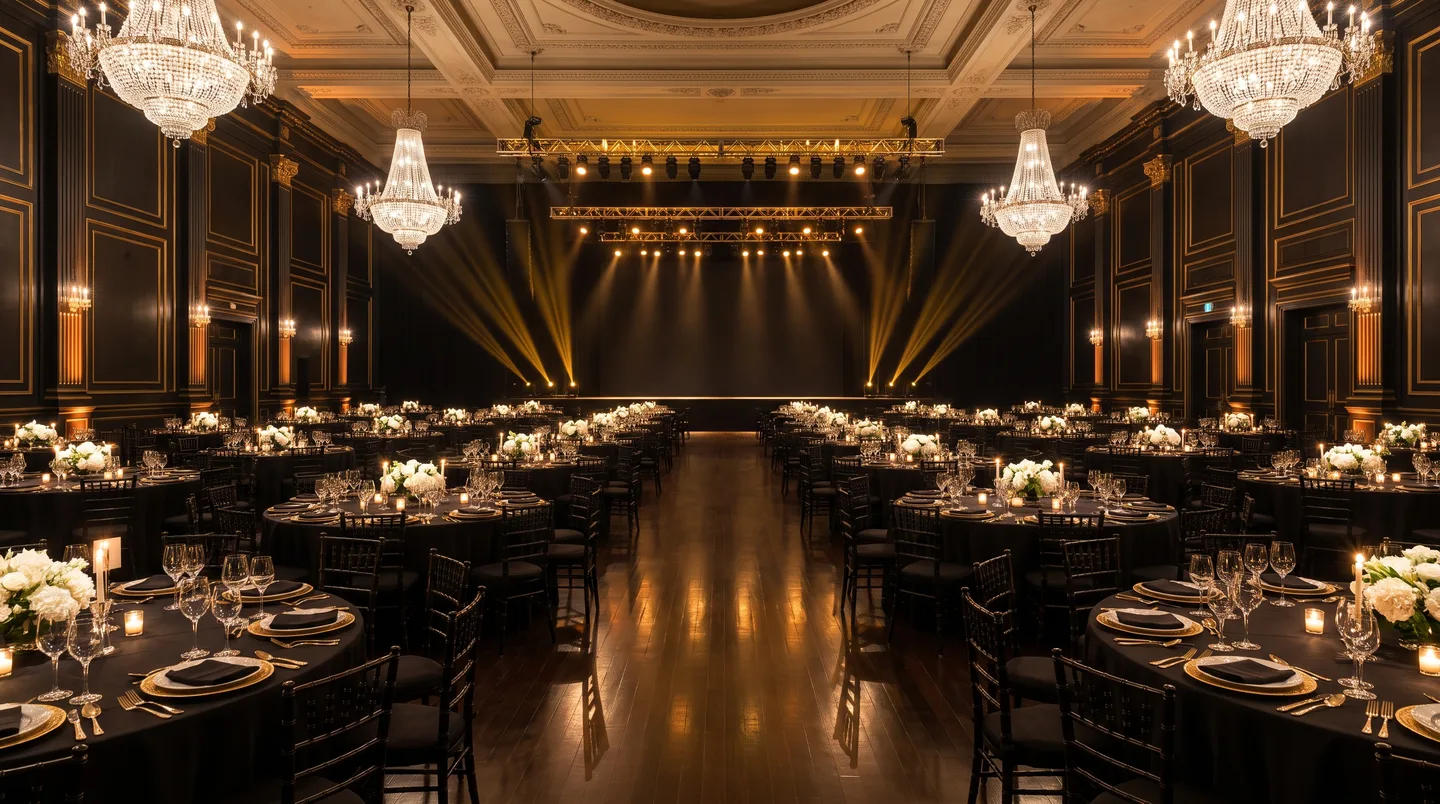 A ballroom set for the evening, round tables laid and a lit stage at the far end